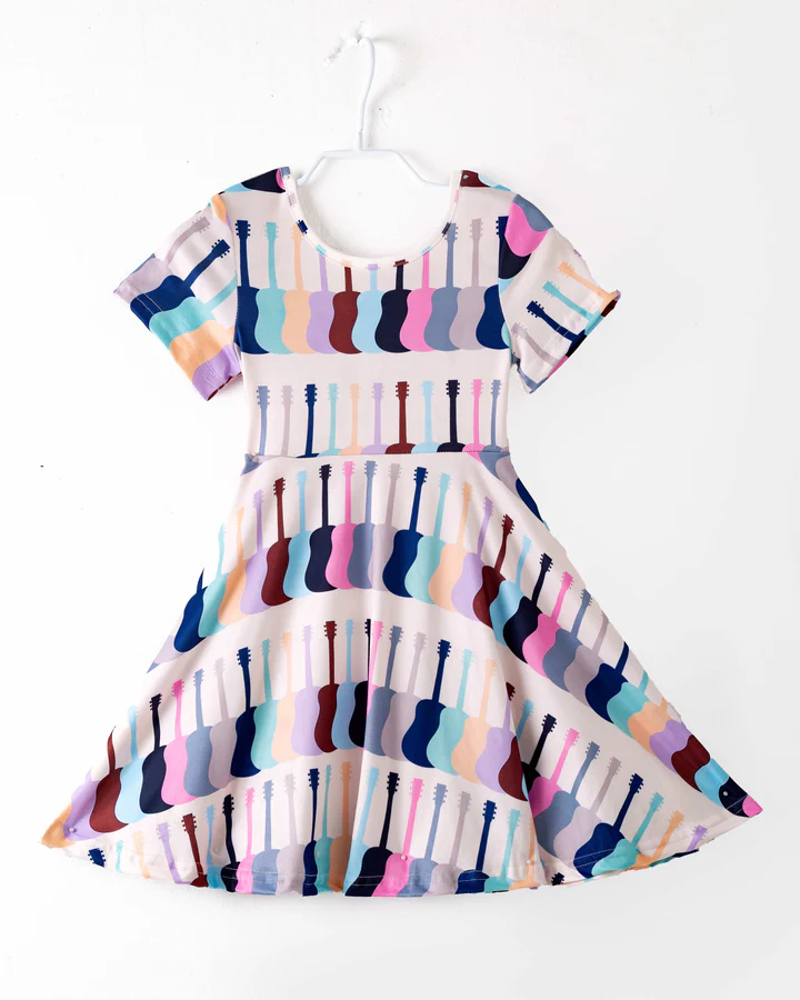 (Custom Design Preorder MOQ 5) Colorful Guitar Print Girls Knee Length Summer Dress