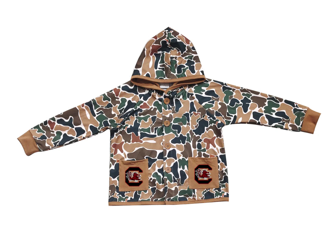 (Custom Design Preorder MOQ 5 Each Item) Team's Gamecock Brown Camo Print Pockets Buttons Kids Fall Hoodie Jackets Top Mom and Me Matching Clothes