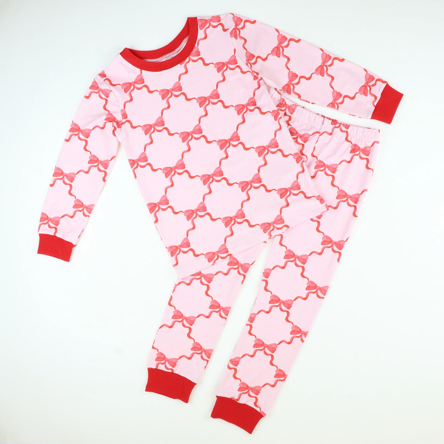 (Custom Design Preorder MOQ 5) Red Bows Print Girls Christmas Pajamas Clothes Set