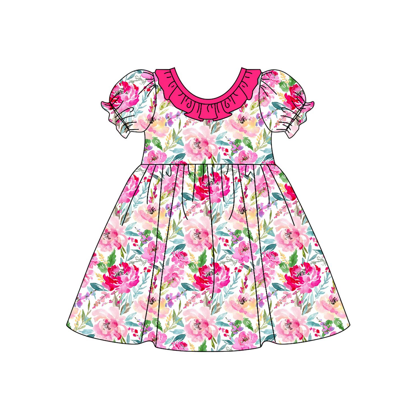 1.4(Custom Design Preorder MOQ 5) Flowers Print Girls Puff Sleeve Knee Length Dress