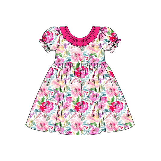 1.4(Custom Design Preorder MOQ 5) Flowers Print Girls Puff Sleeve Knee Length Dress
