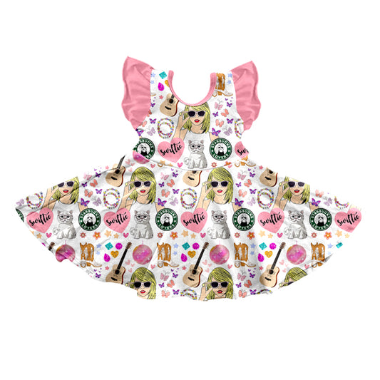 (Custom Design Preorder MOQ 5) Pink Heart Singer Print Girls Valentine's Knee Length Dress