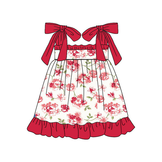 (Custom Design Preorder MOQ 5) Red Flowers Print Girls Knee Length Summer Dress