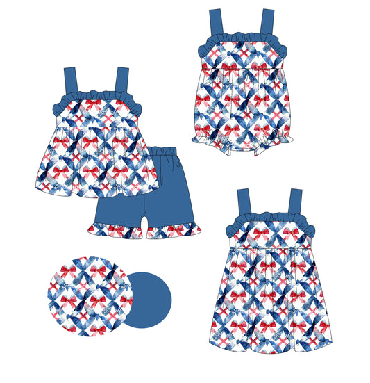 3.6(Custom Design Preorder MOQ 5 Each Design) Red Bows Blue Plaid Print Girls 4th of July Matching Clothes Sisters Wear