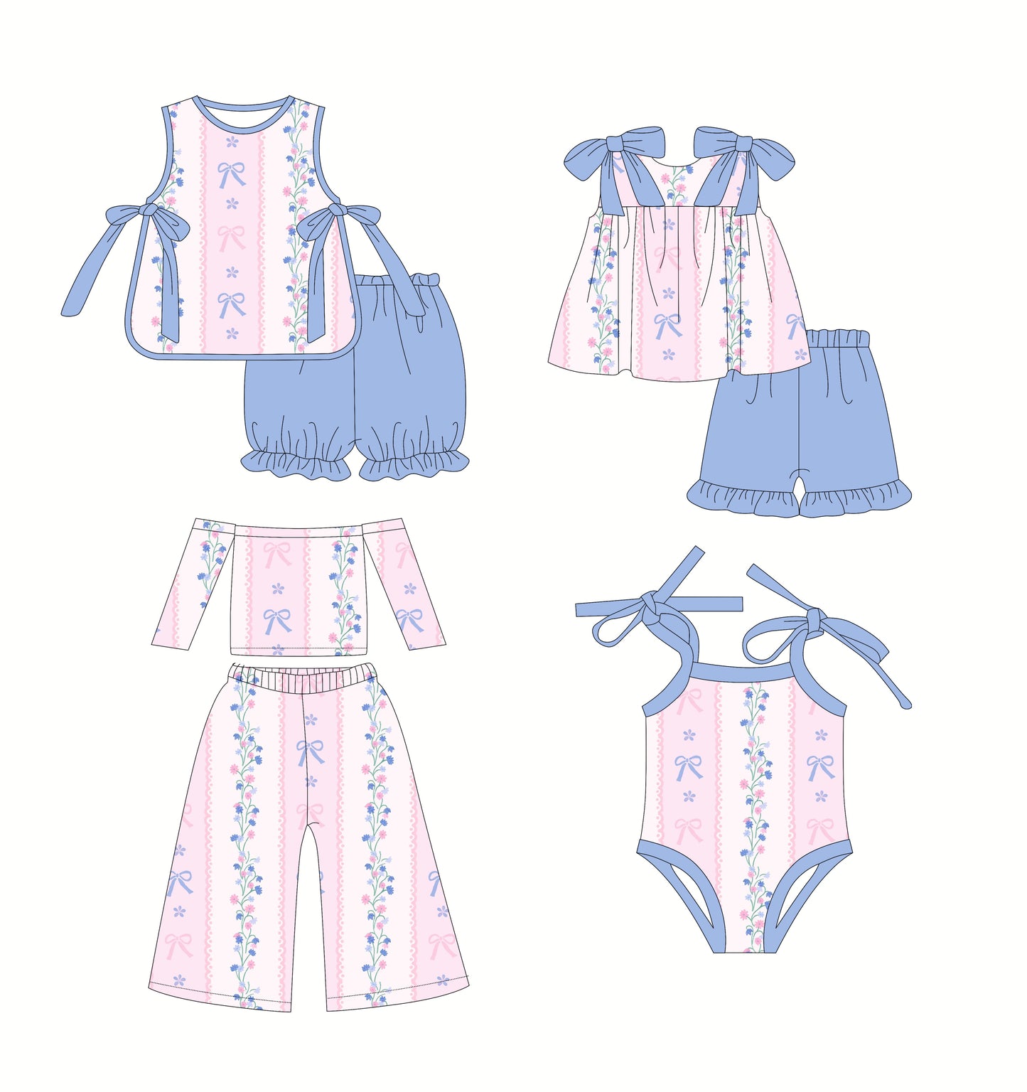 2.22(Custom Design Preorder MOQ 5 Each Design) Flowers Bows Print Girls Summer Matching Clothes Sisters Wear