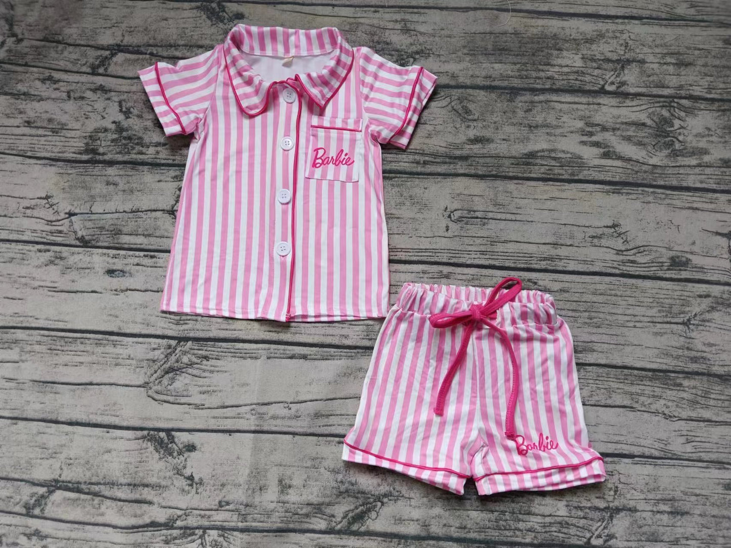 (Custom Design Preorder MOQ 5) Pink BA Stripes Print Girls Summer Pajamas Clothes Set