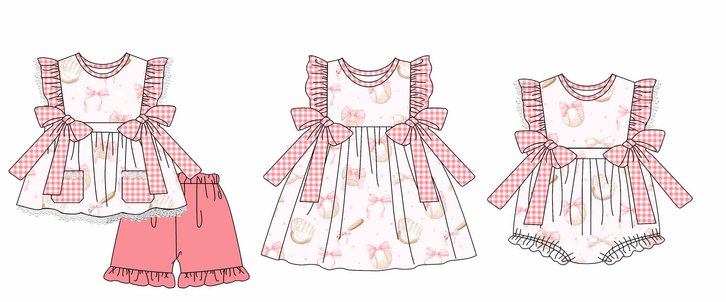 3.10(Custom Design Preorder MOQ 5 Each Design) Baseball Bows Pink Print Girls Summer Matching Clothes Sisters Wear