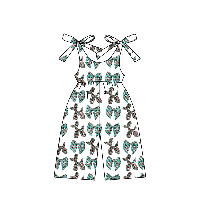 12.25(Custom Design Preorder MOQ 5) Turquoise L*V* Bows Western Print Girls Summer Jumpsuits