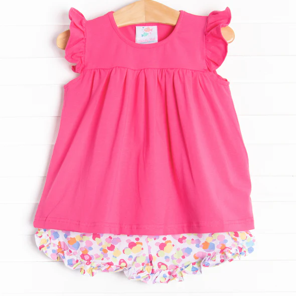 (Custom Design Preorder MOQ 5)  Hot Pink Tunic Top Ruffle Shorts Girls Summer Clothes Set