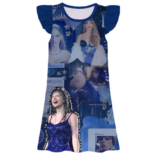 11.22(Custom Design Preorder MOQ 5) Singer Swiftie Blue Print Girls Flutter Sleeve Knee Length Dress