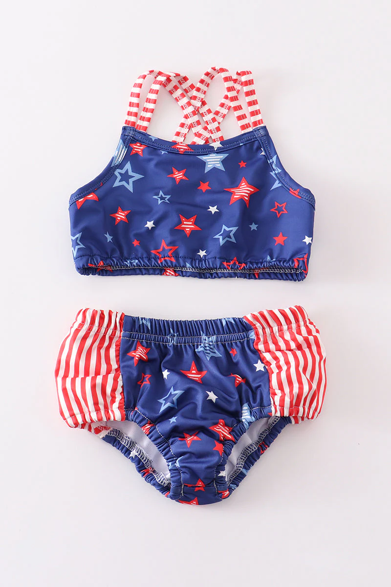 (Custom Design Preorder MOQ 5)  Stars Print Girls 2 Piece 4th of July Swimsuits