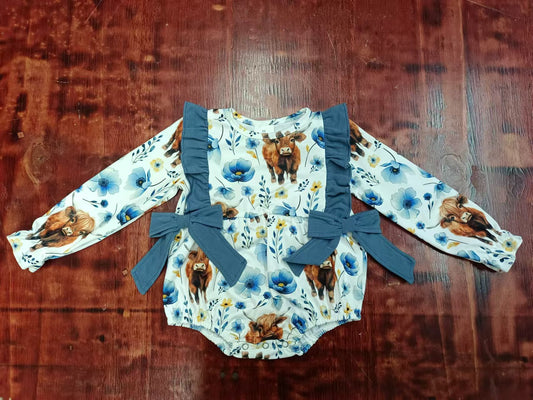 (Custom Design Preorder MOQ 3 ) Highland Cow Flowers Print Baby Girls Spring Romper