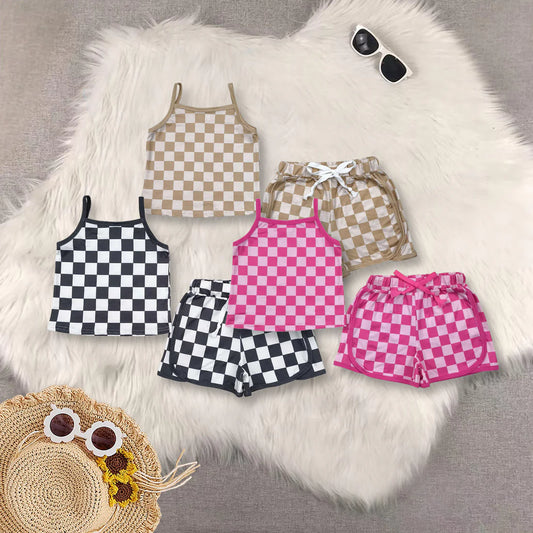 3 Colors Plaid Print Tank Top Shorts Girls Summer Clothes Set Sisters Wear