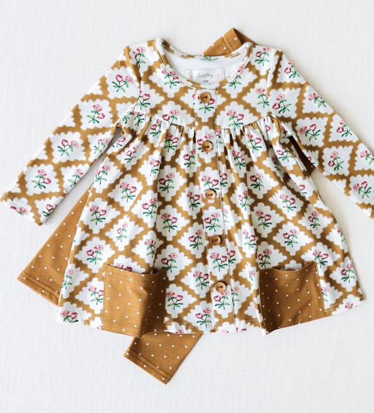 (Custom Design Preorder MOQ 5) Flowers Pockets Tunic Top Dots Pants Girls Fall Clothes Set