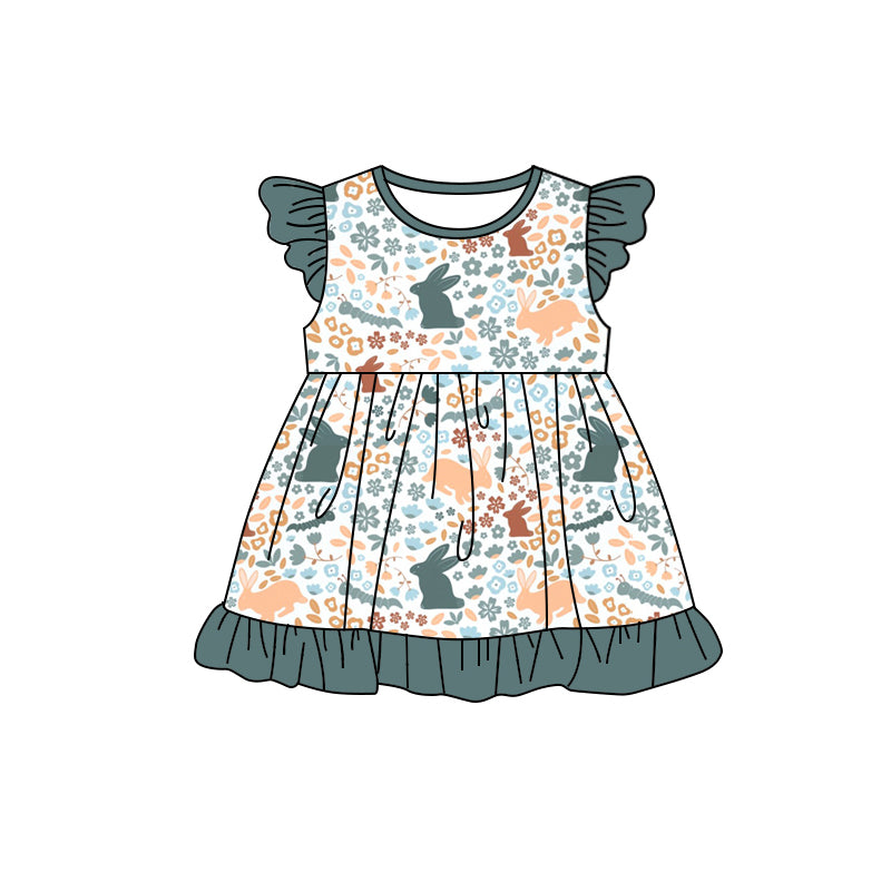 (Custom Design Preorder MOQ 5) Bunny Flowers Print Girls Easter Knee Length Dress