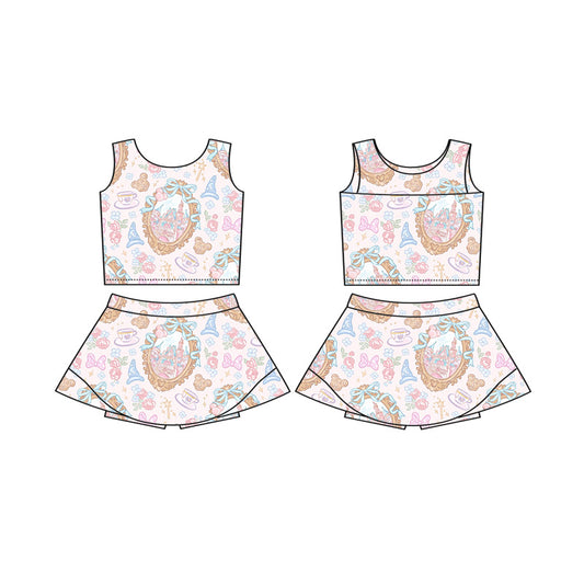 (Custom Design Preorder MOQ 5) Cartoon Castle Print Shorts Skirts Girls Summer Yoga Clothes Set