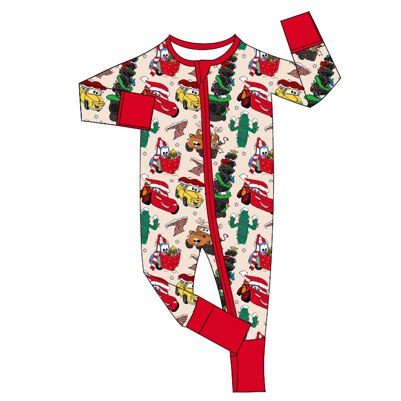 (Custom Design Preorder MOQ 5)  Cartoon Cars Print Baby Christmas Bamboo Sleeper Zipper Romper