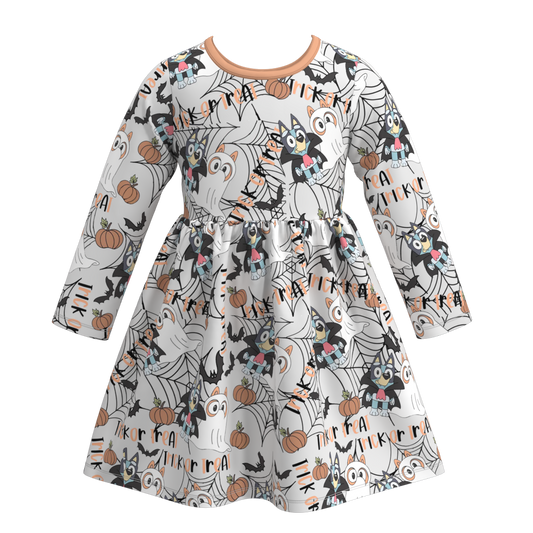 (Custom Design Preorder MOQ 5) Cartoon Dog  Print Girls Knee Length Halloween Dress