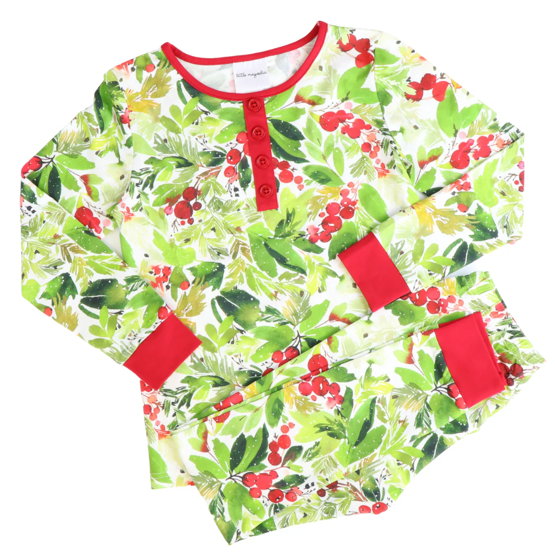 (Custom Design Preorder MOQ 5) Green Red Holly Print Kids Christmas Pajamas Clothes Set