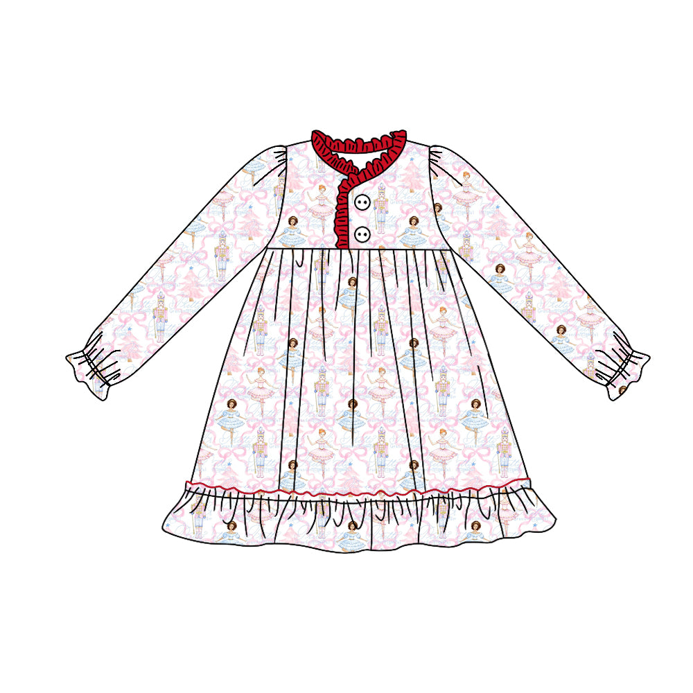 (Custom Design Preorder MOQ 5) Nutcracker Print Girls Knee Length Christmas Pajamas Gown Dress