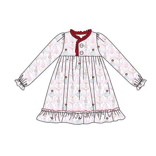 (Custom Design Preorder MOQ 5) Nutcracker Print Girls Knee Length Christmas Pajamas Gown Dress