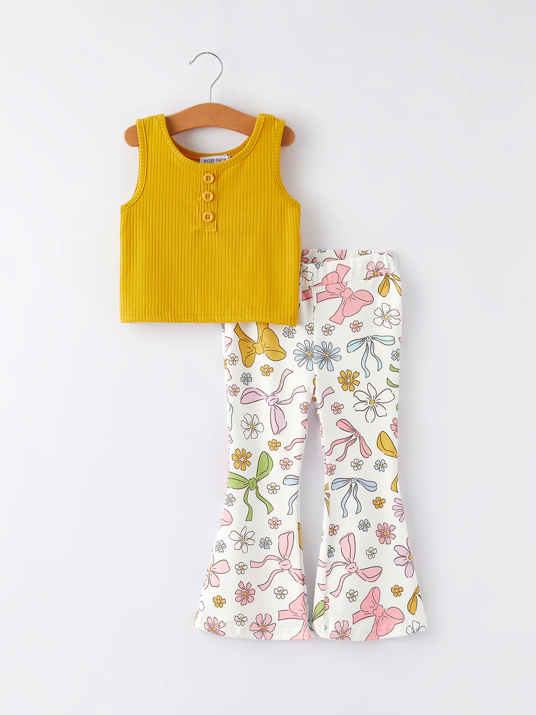 (Custom Design Preorder MOQ 5) Yellow Tank Top Colorful Bows Flowers Bell Pants Girls Clothes Set