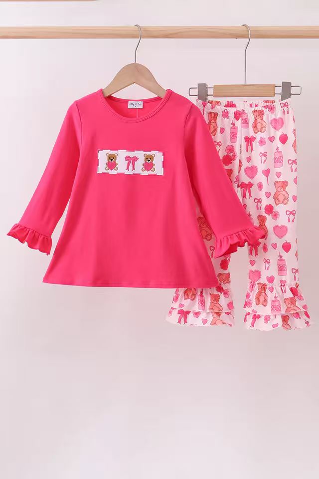 (Custom Design Preorder MOQ 5)  Bear Hearts Hot Pink Tunic Top Bell Pants Girls Valentine's Day Clothes Set