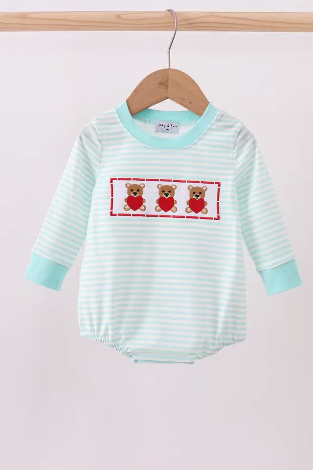 (Custom Design Preorder MOQ 5) Bear Hearts Blue Stripes Print Baby Boys Valentine's Day Romper