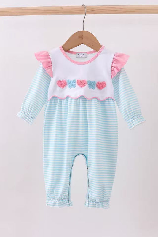 (Custom Design Preorder MOQ 5) Hearts Blue Stripes Print Baby Girls Valentine's Day Romper
