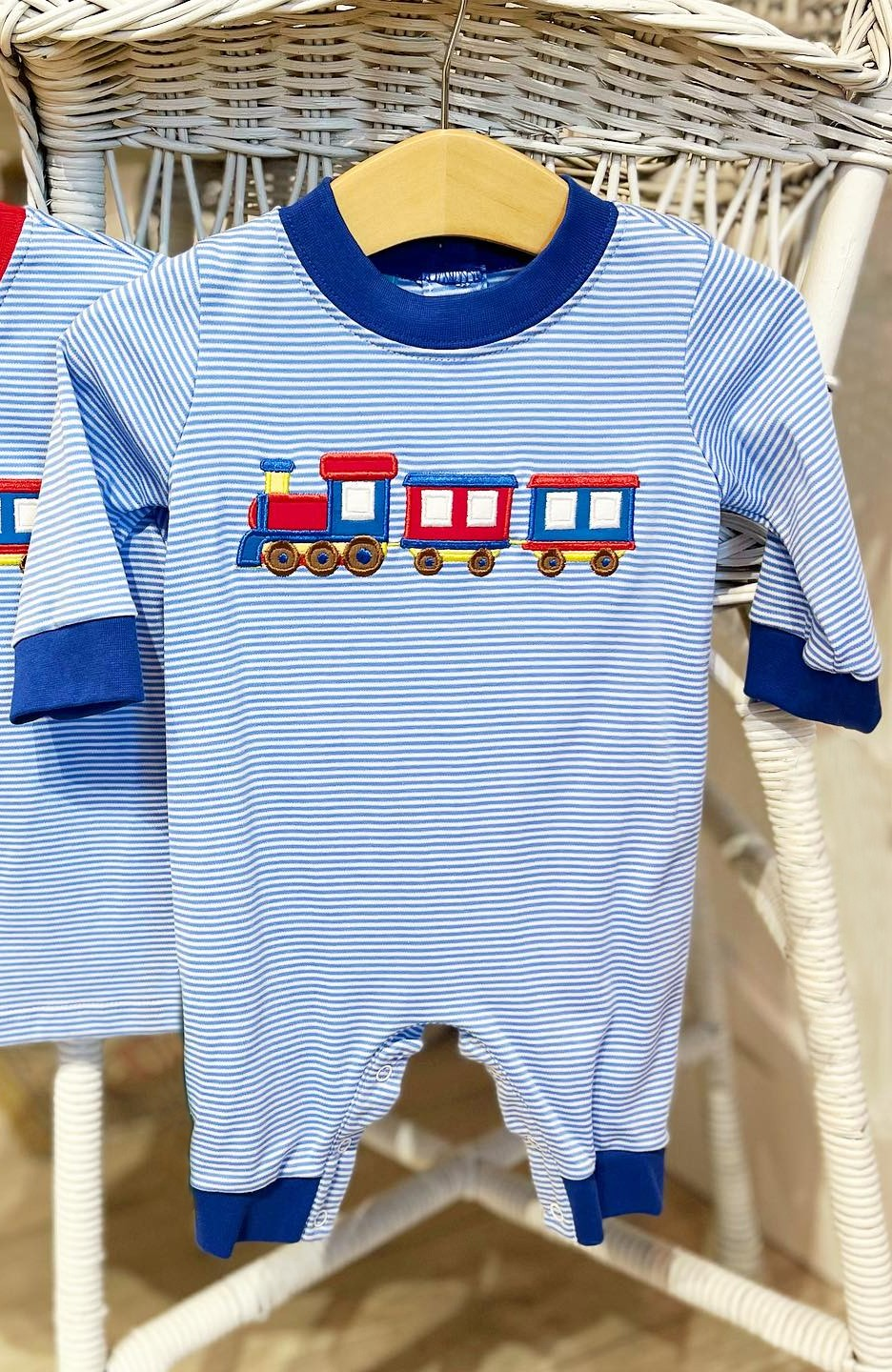 (Custom Design Preorder MOQ 5 ) Train Blue Stripes Print Baby Boys Romper