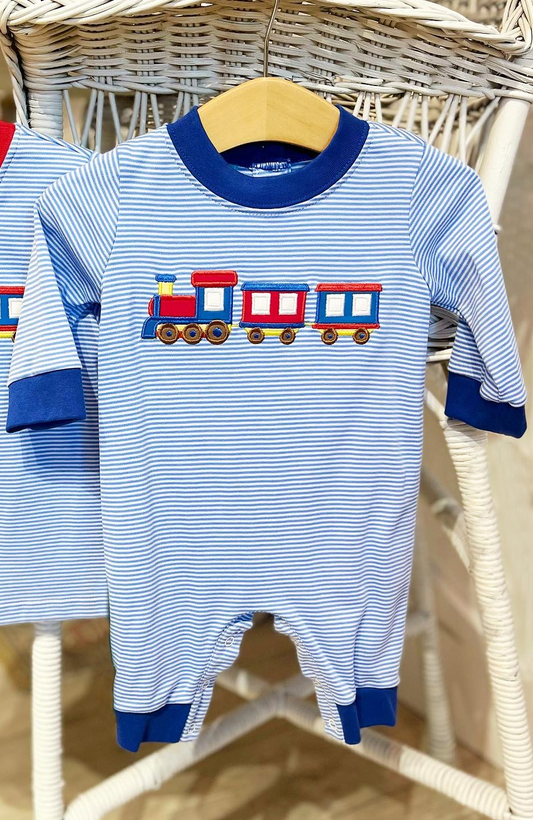 (Split Order Preorder) Deadline November 30 Train Blue Stripes Print Baby Boys Romper