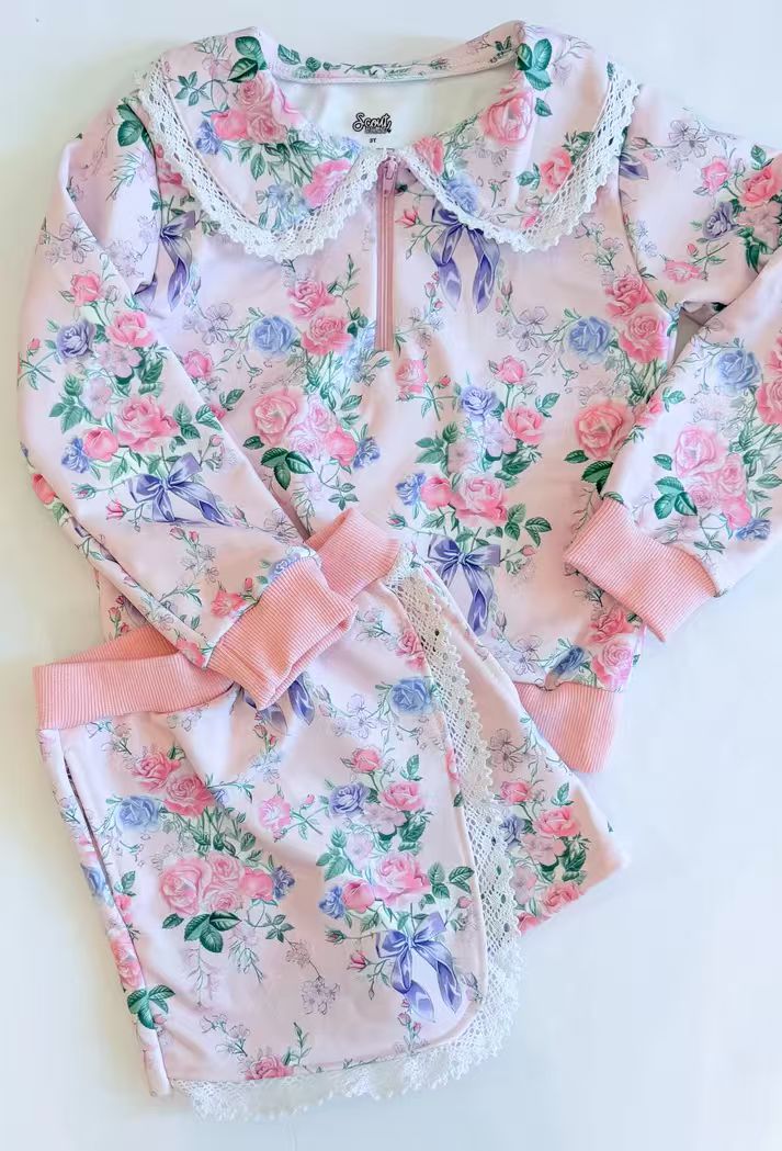 (Custom Design Preorder MOQ 5) Flowers Bows Zipper Pullover Top Skirts Shorts Girls Clothes Set