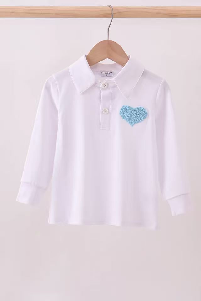 (Custom Design Preorder MOQ 5 ) Hearts Blue White Print Boys Valentine's Day Polo Tee Shirts Top