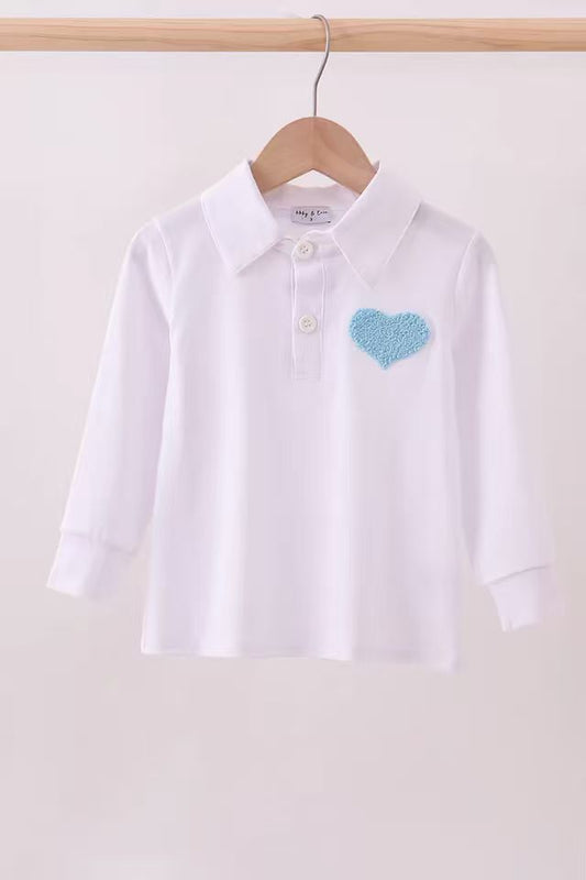 (Custom Design Preorder MOQ 5 ) Hearts Blue White Print Boys Valentine's Day Polo Tee Shirts Top