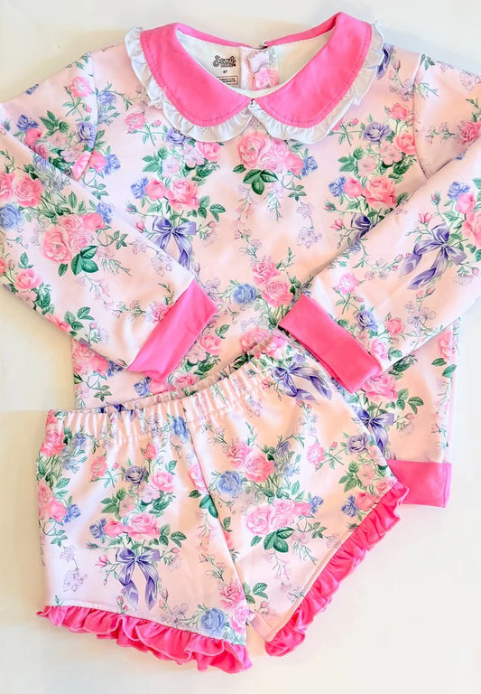 (Custom Design Preorder MOQ 5) Flowers Bows Long Sleeve Top Shorts Girls Clothes Set