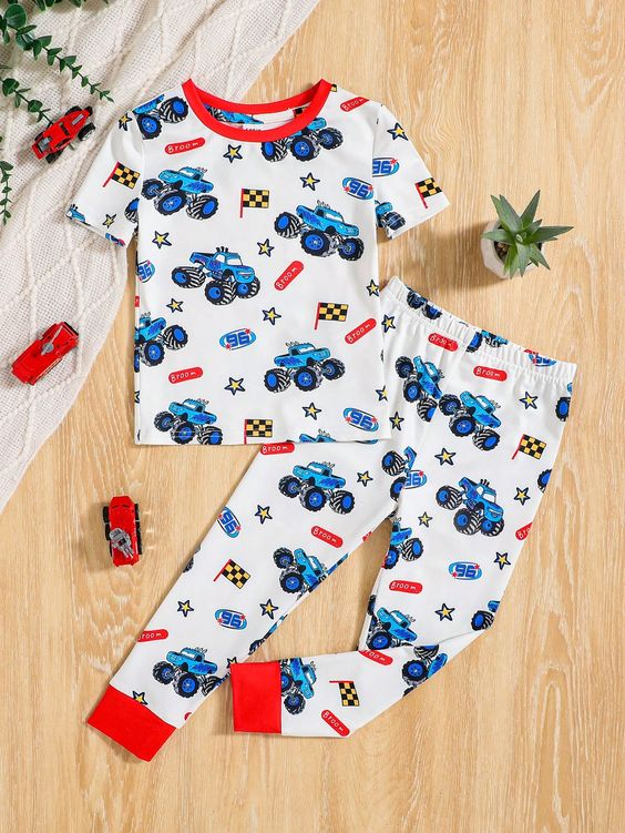 (Custom Design Preorder MOQ 5) Monster Trucks Print Boys Pajamas Clothes Set