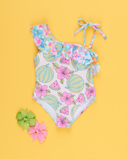 (Custom Design Preorder MOQ 5) Watermelon Flowers Print Girls 1 Piece Strap Swimsuits