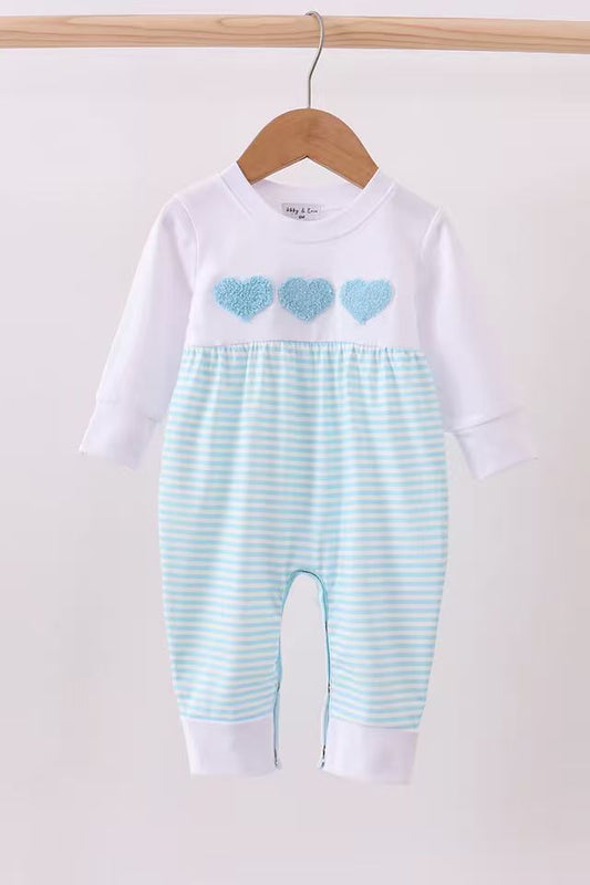 (Custom Design Preorder MOQ 5) Hearts Blue Stripes Print Baby Boys Valentine's Day Romper