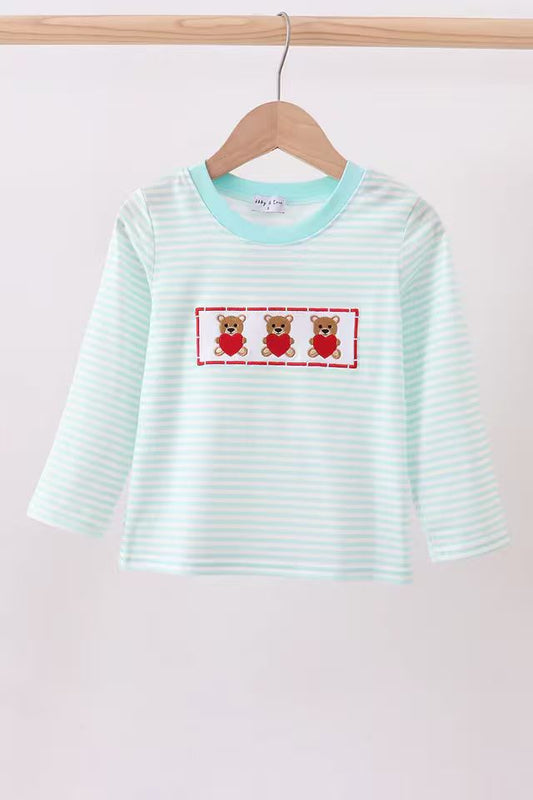 (Custom Design Preorder MOQ 5 ) Bear Hearts Blue Stripes Print Boys Valentine's Day Tee Shirts Top