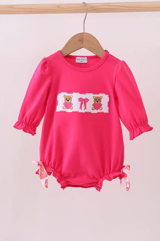 (Custom Design Preorder MOQ 5) Bear Hearts Hot Pink Print Baby Girls Valentine's Day Romper