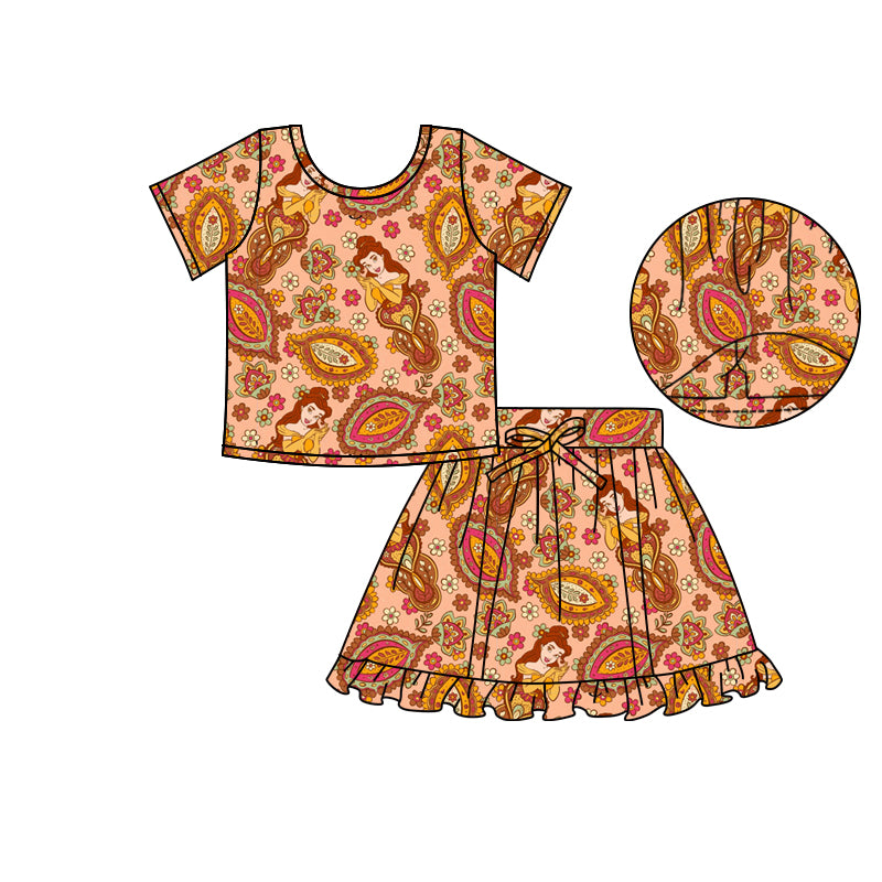 (Custom Design Preorder MOQ 5) Cartoon Princess Orange Top Skirts Shorts Girls Summer Clothes Set