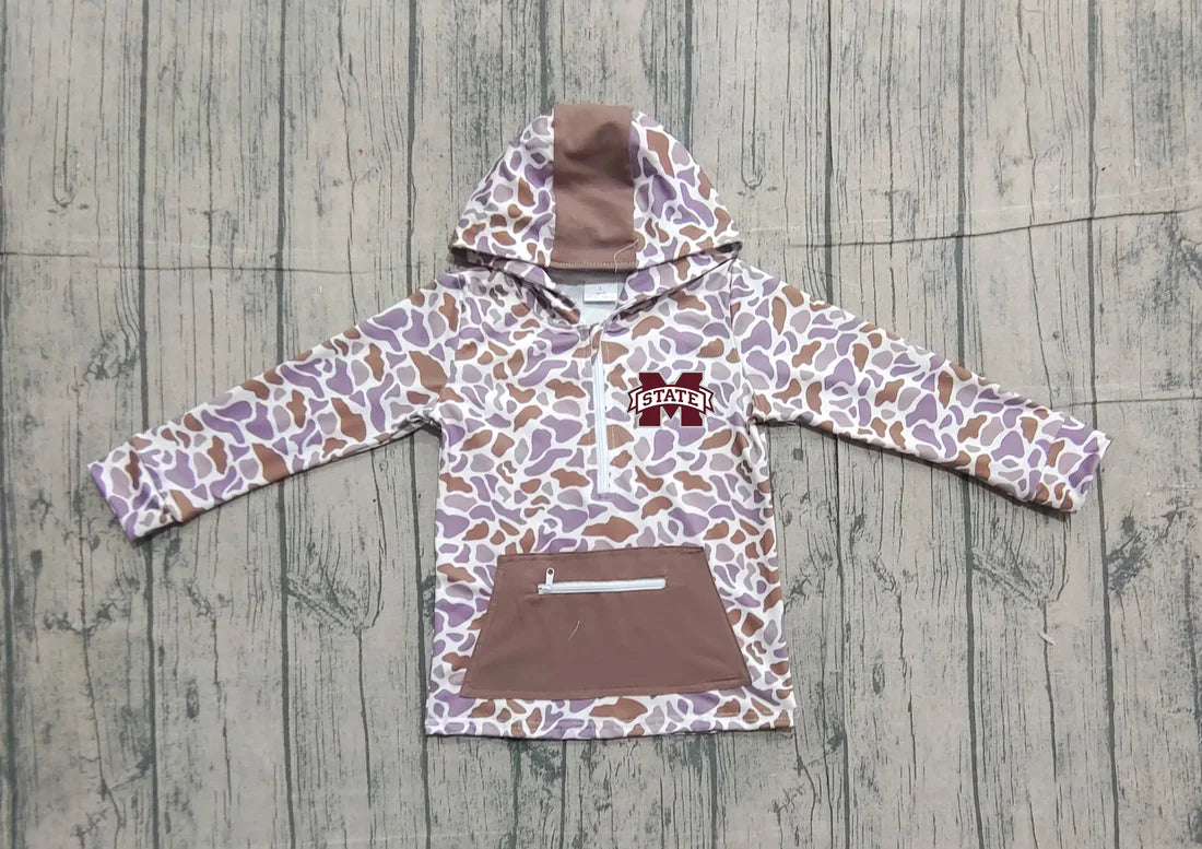 (Custom Design Preorder MOQ 5 Each Item) Team's Mississippi State Brown Camo Print Kids Fall Zipper Hoodie Top Mom and Me Matching Clothes