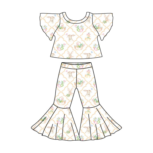 (Custom Design Preorder MOQ 5)  Bunny Duck Flowers Print Girls Easter Clothes Set