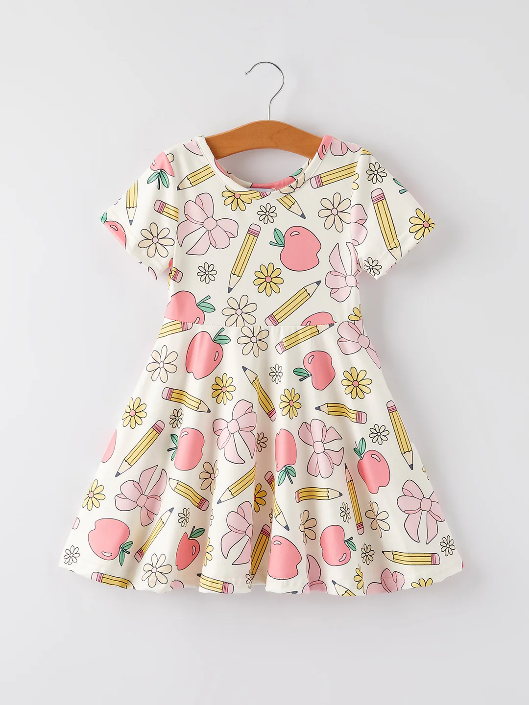(Custom Design Preorder MOQ 5) Pen Bows Apple Flowers Print Girls Back to School Knee Length Dress