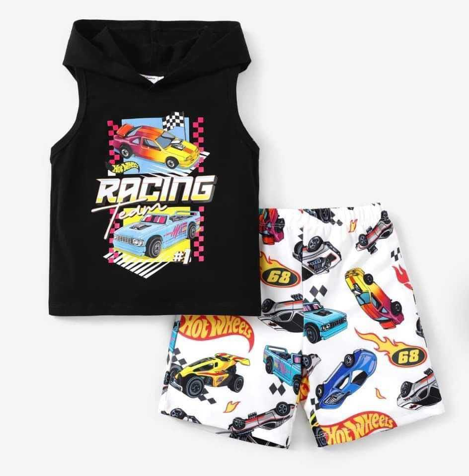 (Custom Design Preorder MOQ 5)  RACING Cars Print Boys Summer Clothes Set