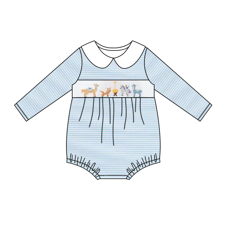 (Custom Design Preorder MOQ 5) Alpaca Blue Stripes Print Baby Boys Fall Romper