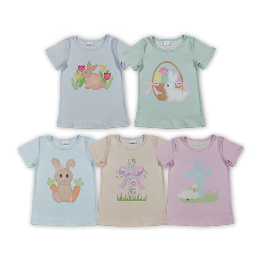 5 Colors Bunny Print Girls Easter Tee Shirts Top Sisters Wear