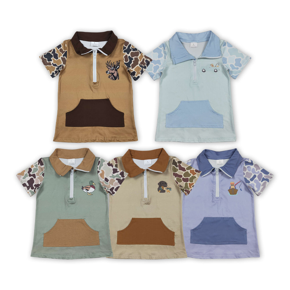 5 Colors Camo Print Boys Short Sleeve Zipper Pullover Top Brothers Hunting Wear