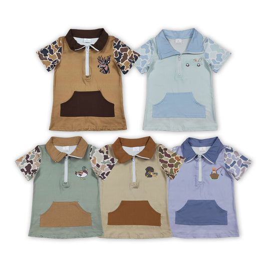 5 Colors Camo Print Boys Short Sleeve Zipper Pullover Top Brothers Hunting Wear