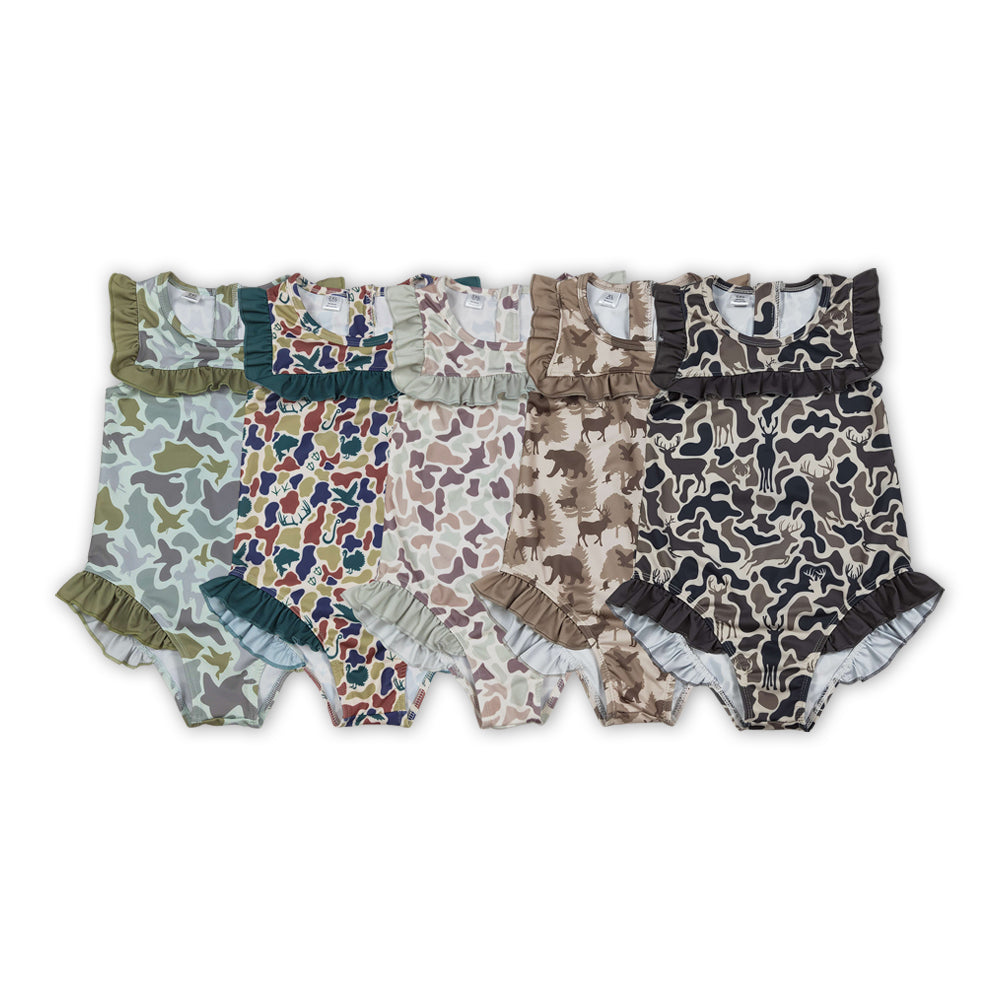 5 Colors Camo Print Girls Summer Ruffle 1 Piece Swimsuits Sisters Wear